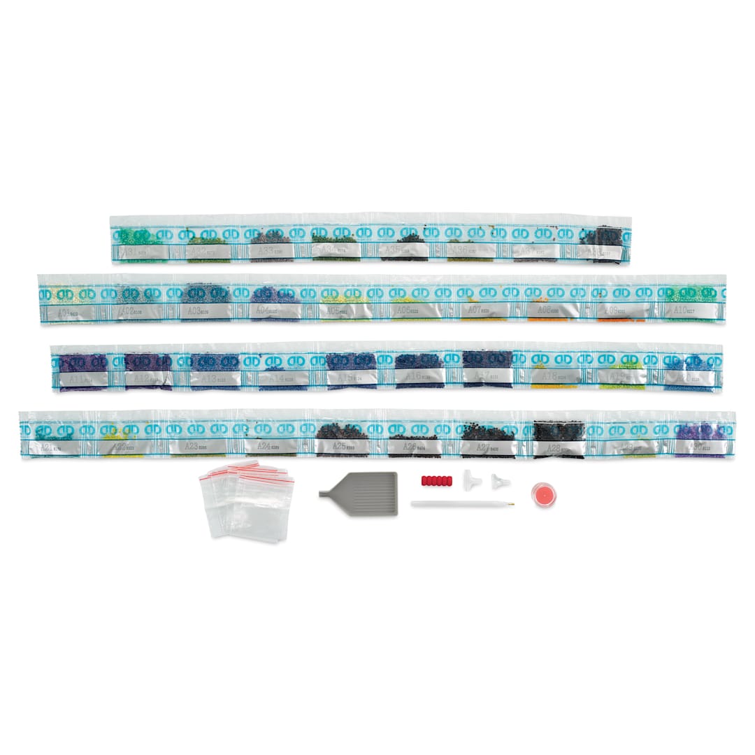 Open in modal - Diamond Dotz Diamond Painting Kit - Starry Night, contents laid out