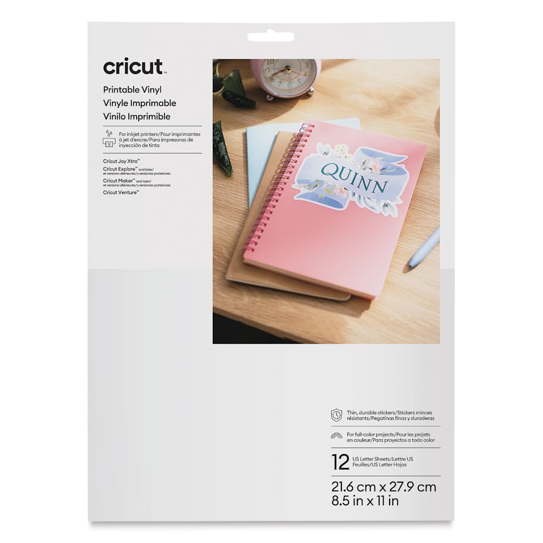 Open in modal - Cricut Printable Vinyl - White, 8-1/2" x 11", Pkg of 12 front of packaging