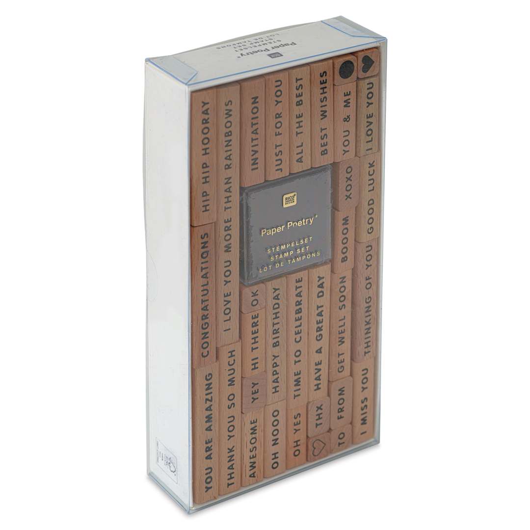 Open in modal - Rico Design Paper Poetry Stamp Set - Set of 33, Best Wishes front of packaging, angled view
