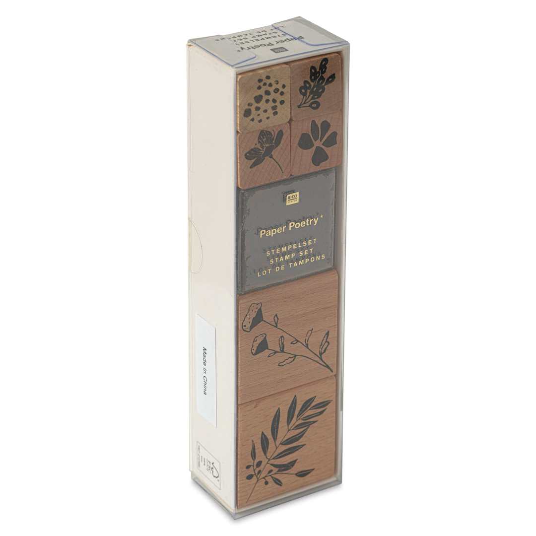 Open in modal - Rico Design Paper Poetry Stamp Set - Set of 7, Floral Motifs front of packaging, angled view