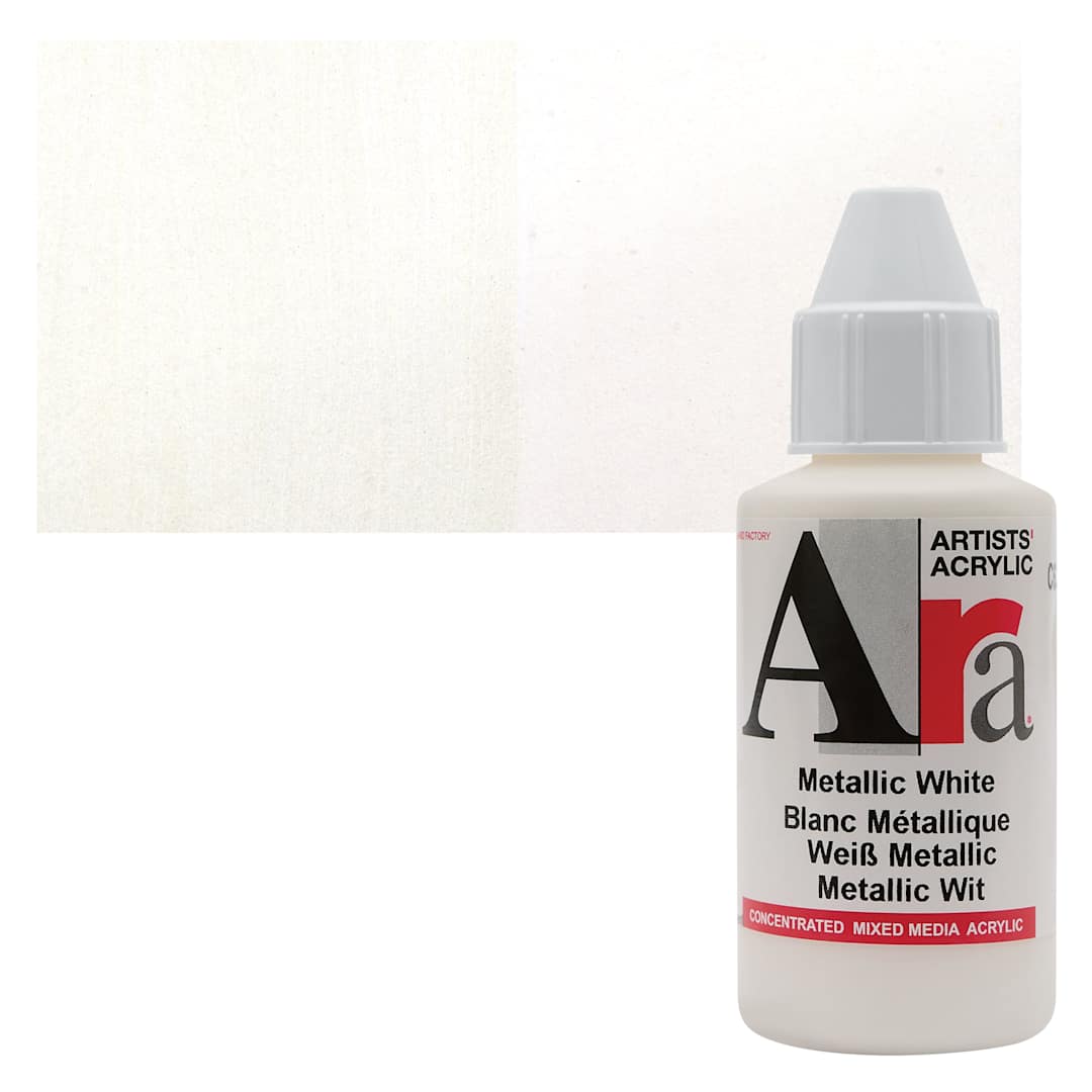 Open in modal - Ara Artists’ Acrylic Paint - Metallic White, 100 ml bottle and swatch