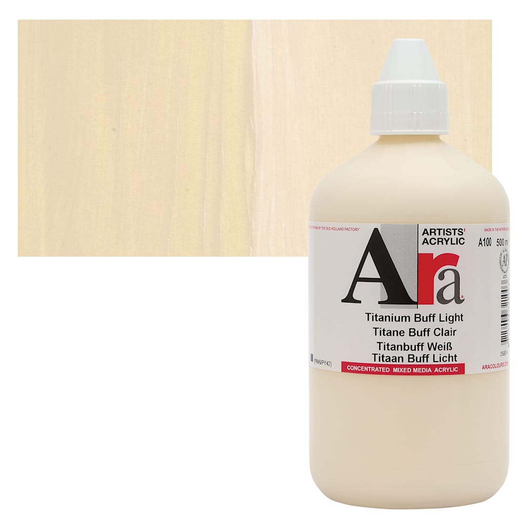 Open in modal - Ara Artists’ Acrylic Paint - Titanium Buff Light, 500 ml bottle and swatch