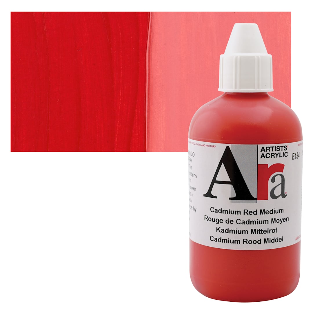 Open in modal - Ara Artists’ Acrylic Paint - Cadmium Red Medium, 250 ml bottle and swatch