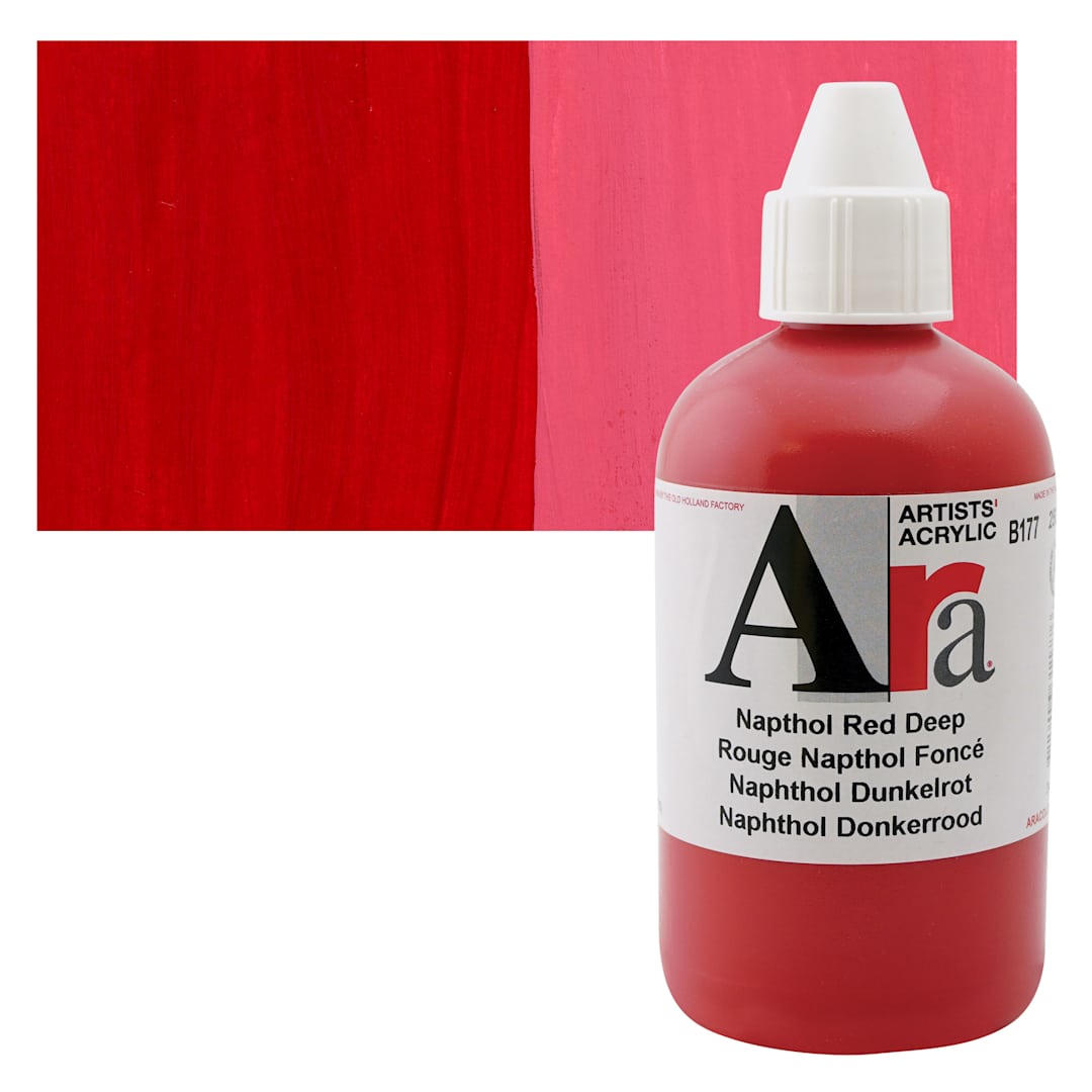 Open in modal - Ara Artists’ Acrylic Paint - Naphthol Red Deep, 250 ml bottle and swatch
