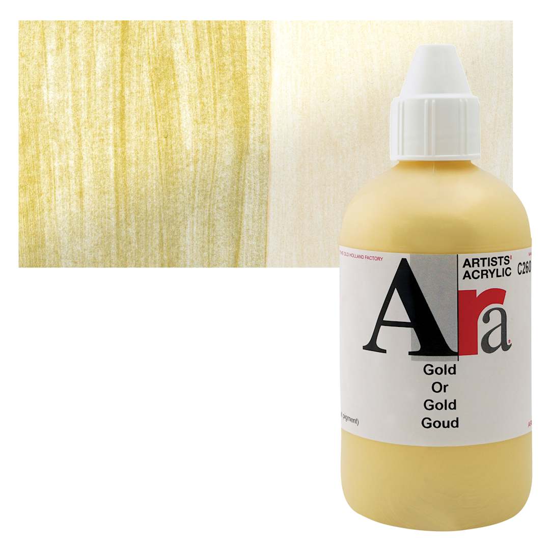Open in modal - Ara Artists’ Acrylic Paint - Gold, 250 ml bottle and swatch