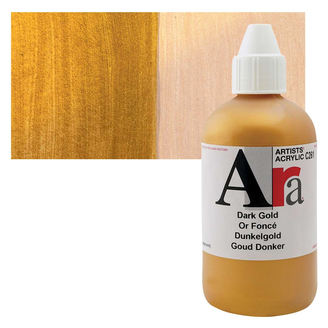 Open in modal - Ara Artists’ Acrylic Paint - Dark Gold, 250 ml bottle and swatch