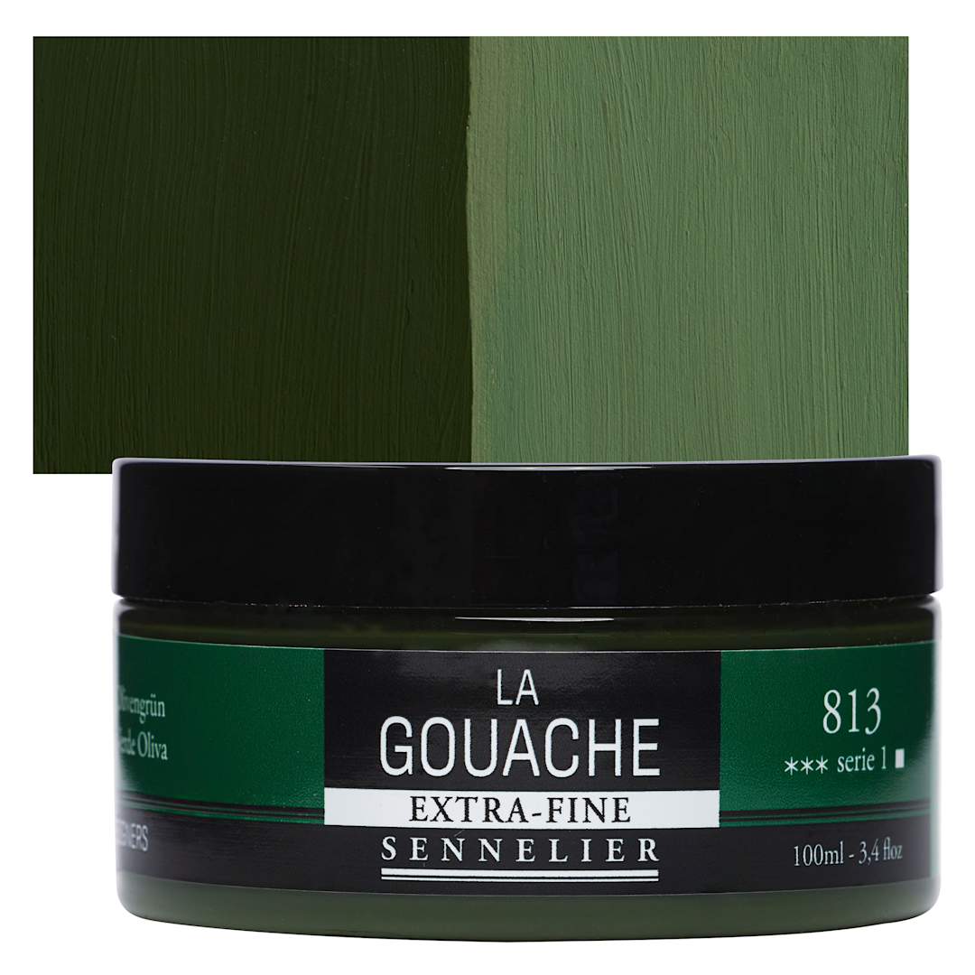Open in modal - Sennelier Extra Fine Gouache - Olive Green, 100 ml Jar and swatch
