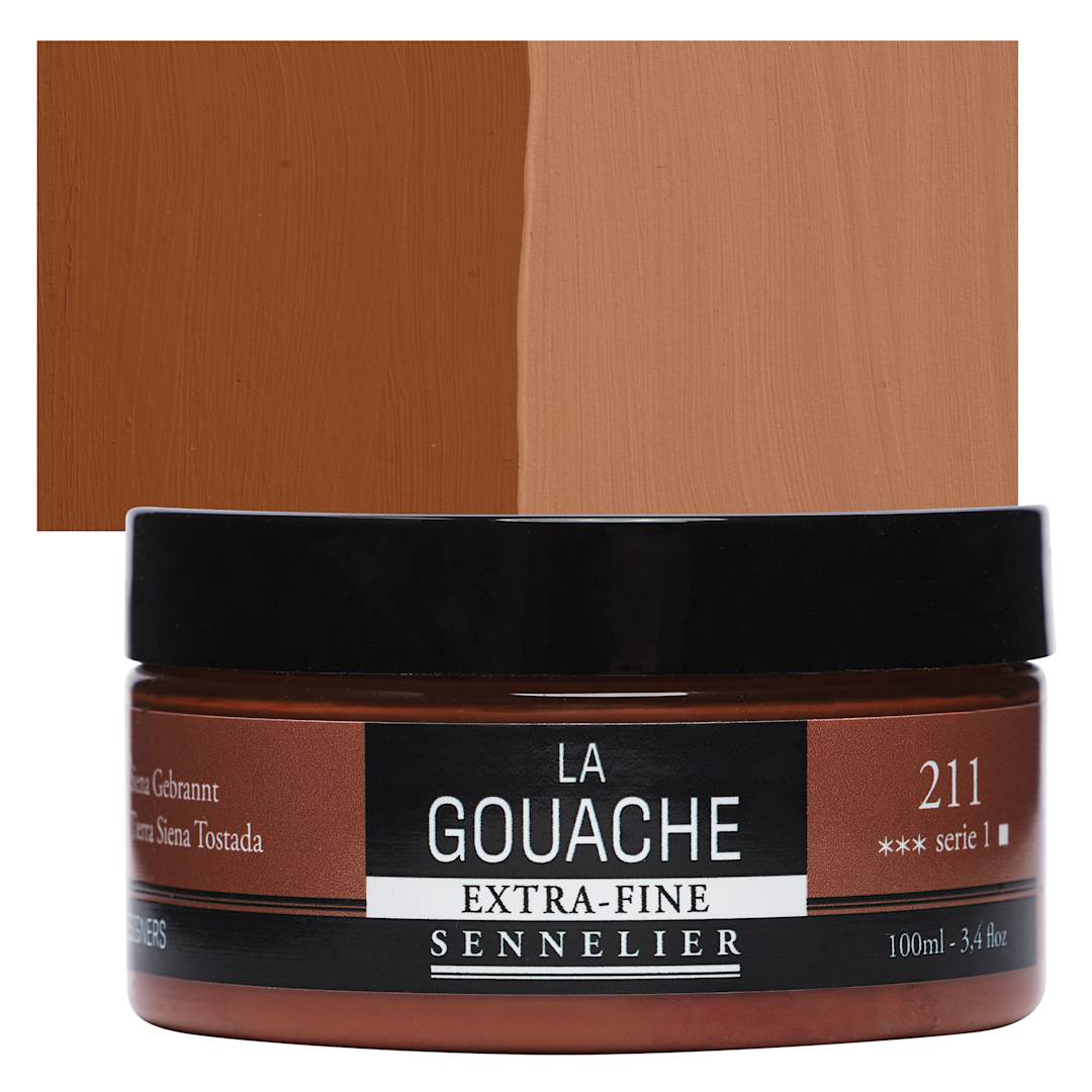 Open in modal - Sennelier Extra Fine Gouache - Burnt Sienna, 100 ml Jar and swatch