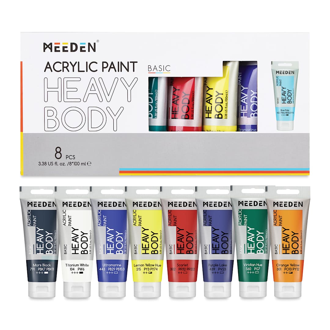 Open in modal - Meeden Heavy Body Acrylic Paints- Set of 8, Primary Colors, 100 ml tubes