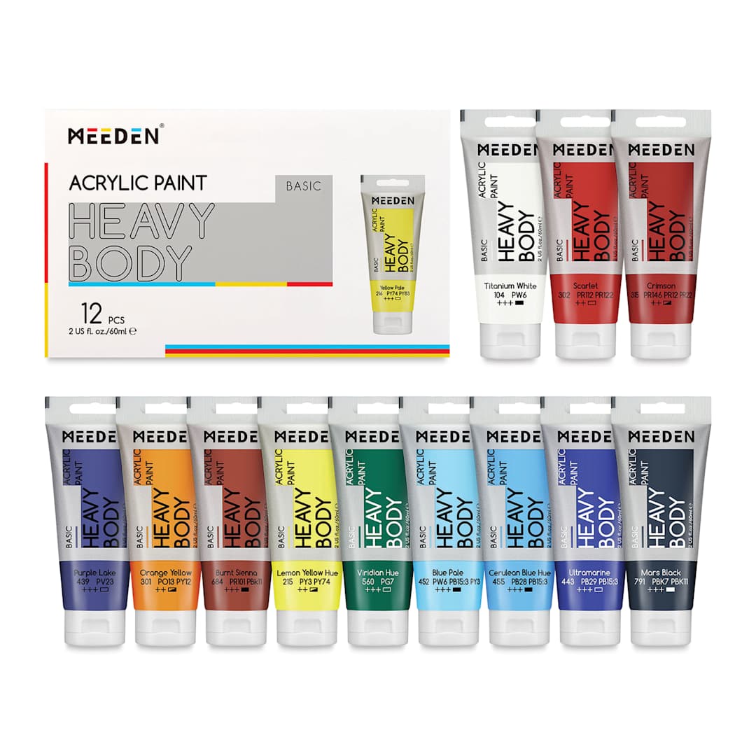 Open in modal - Meeden Heavy Body Acrylic Paints- Set of 12, Basic Colors, 60 ml tubes