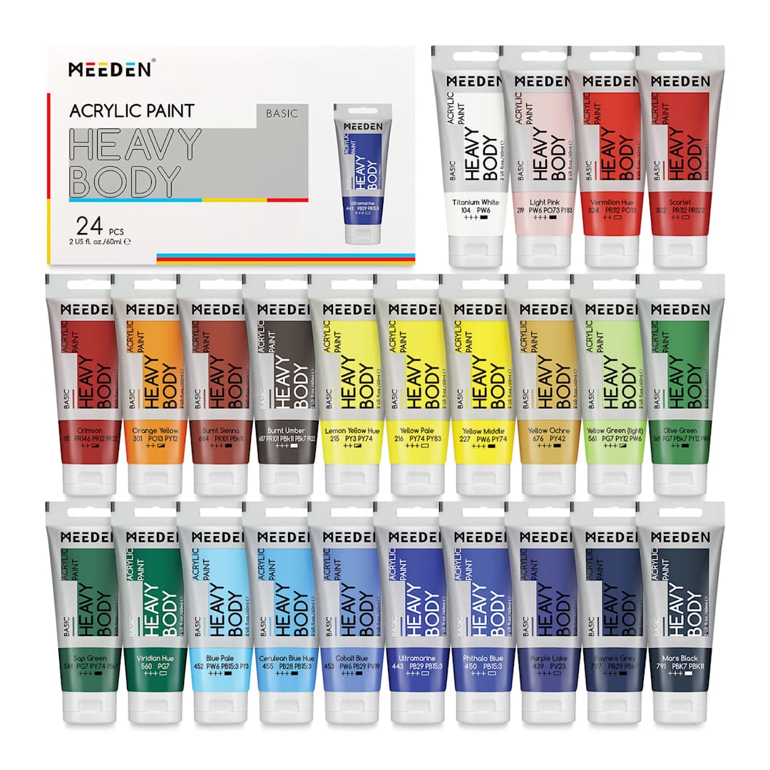 Open in modal - Meeden Heavy Body Acrylic Paints- Set of 24, Basic Colors, 60 ml tubes