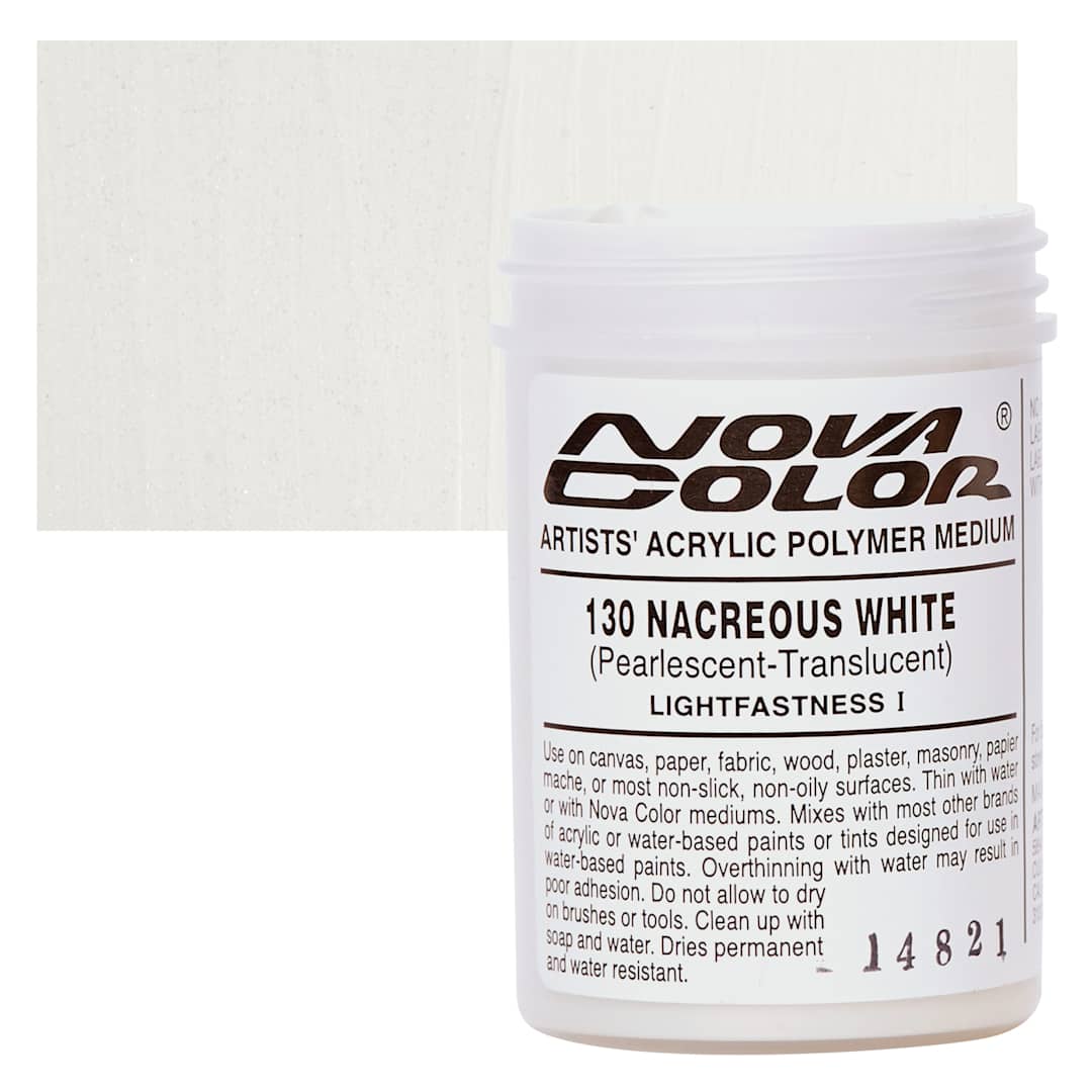 Open in modal - Nova Color Artists’ Acrylic Polymer Paint - Nacreous White Pearl, 118 ml Jar and swatch