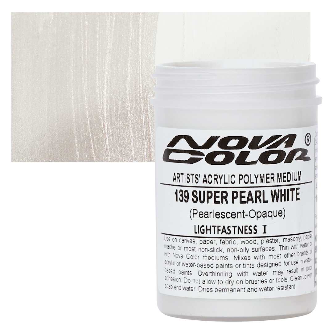 Open in modal - Nova Color Artists’ Acrylic Polymer Paint - Super Pearl White, 118 ml Jar and swatch