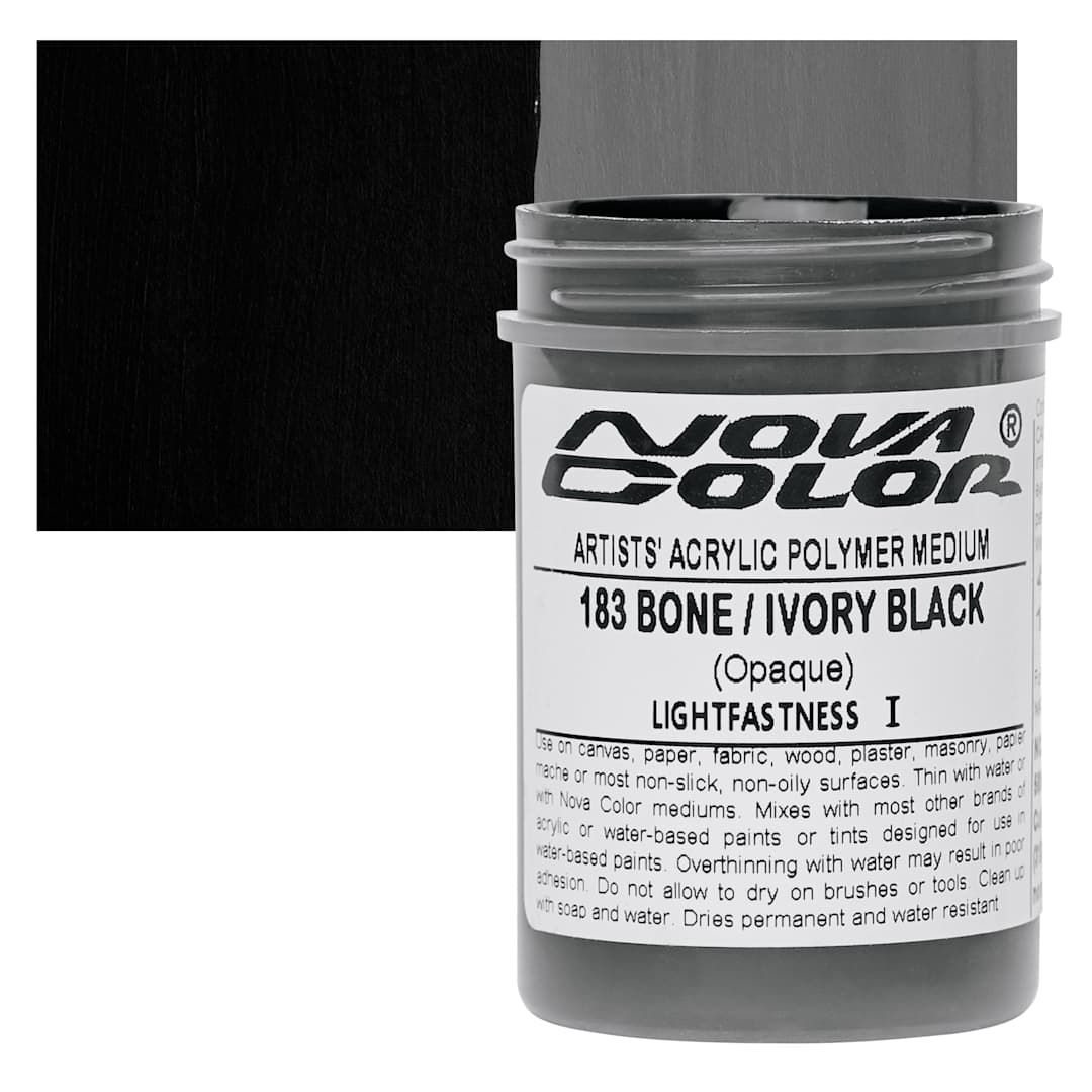 Open in modal - Nova Color Artists’ Acrylic Polymer Paint - Bone/Ivory Black, 118 ml Jar and swatch