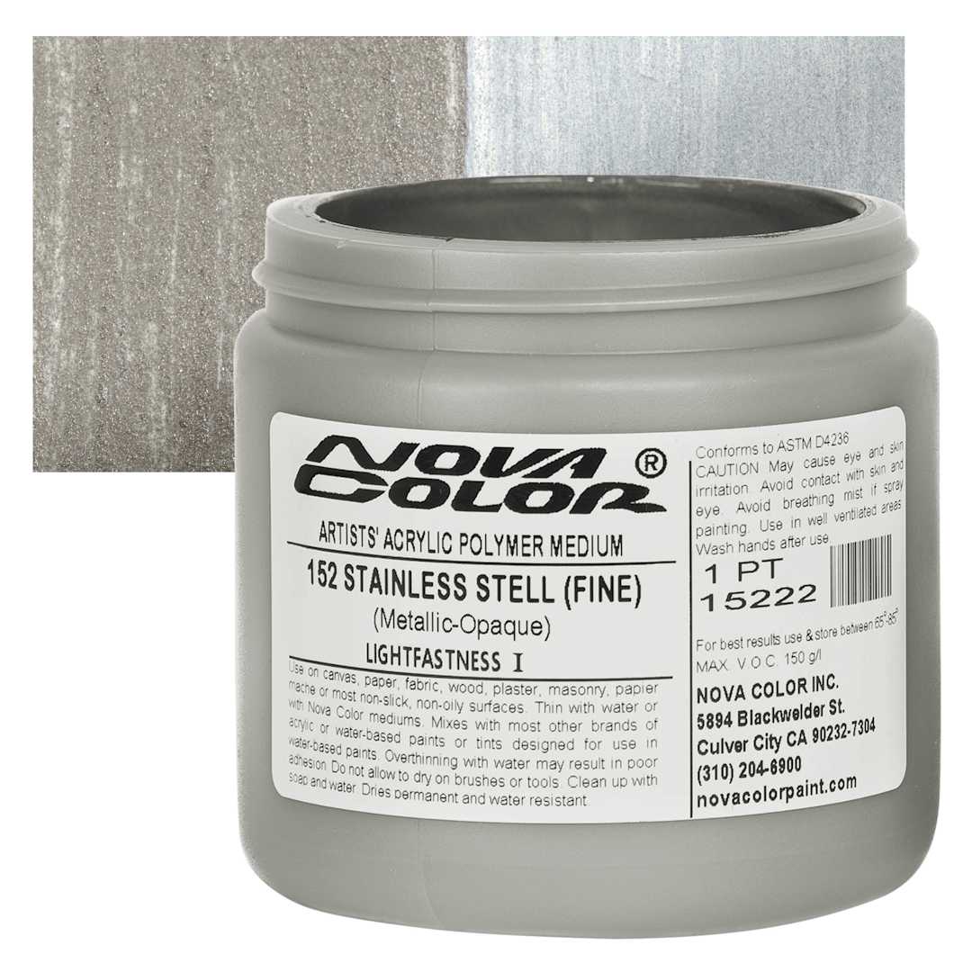 Open in modal - Nova Color Artists’ Acrylic Polymer Paint - Stainless Steel Fine, 473 ml Jar and swatch