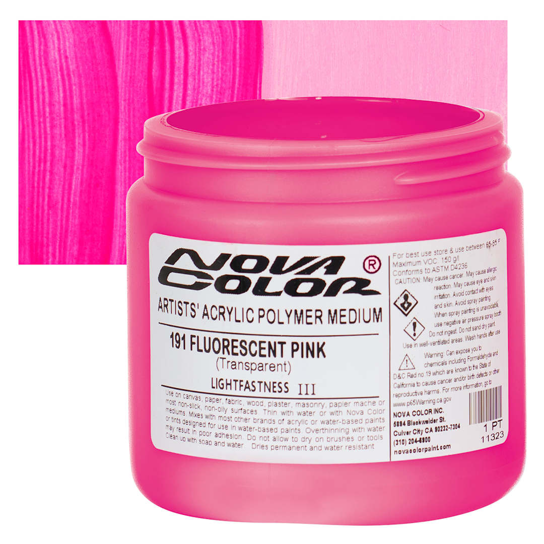 Open in modal - Nova Color Artists’ Acrylic Polymer Paint - Fluorescent Pink, 473 ml Jar and swatch