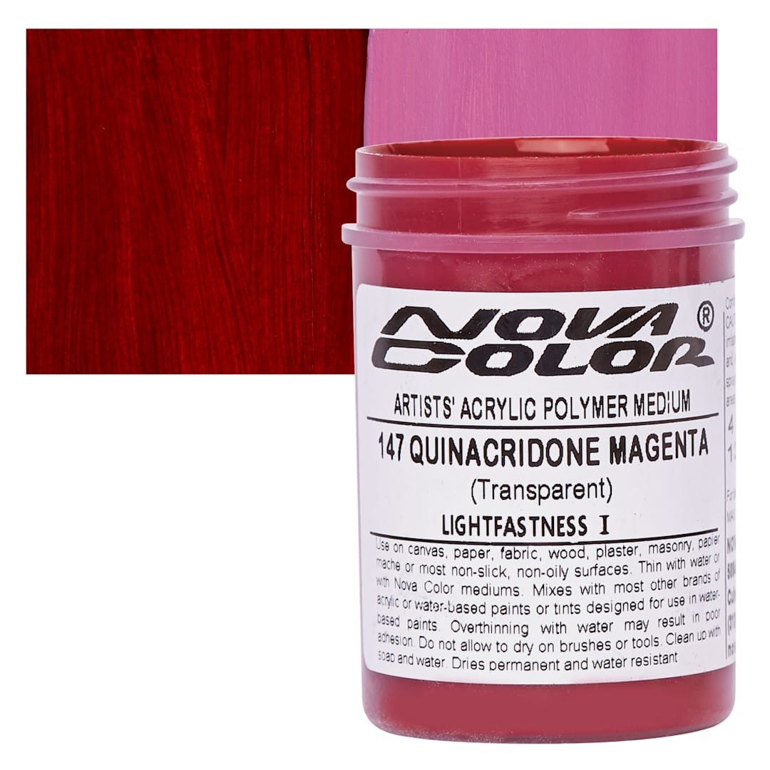 Open in modal - Nova Color Artists’ Acrylic Polymer Paint - Quinacridone Magenta, 118 ml Jar and swatch