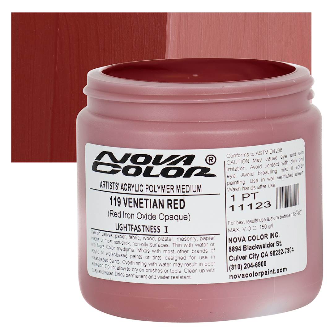 Open in modal - Nova Color Artists’ Acrylic Polymer Paint - Venetian Iron Oxide Red, 473 ml Jar and swatch