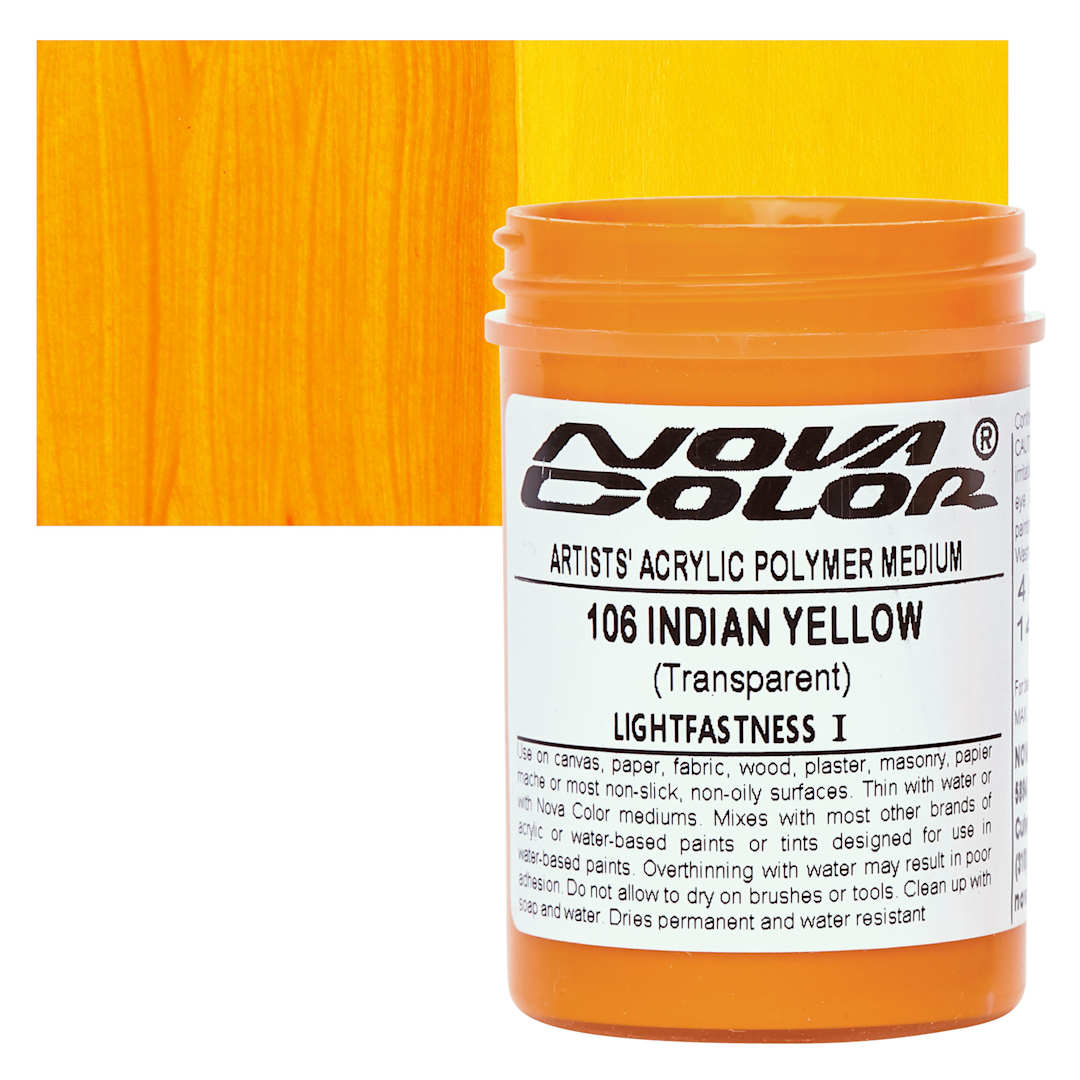Open in modal - Nova Color Artists’ Acrylic Polymer Paint - Indian Yellow Azo, 118 ml Jar and swatch