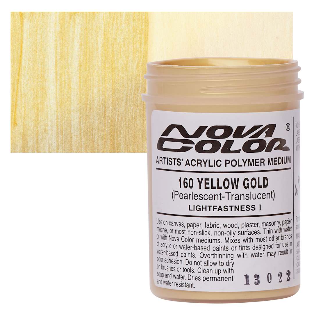 Open in modal - Nova Color Artists’ Acrylic Polymer Paint - Yellow Gold Pearl, 118 ml Jar and swatch