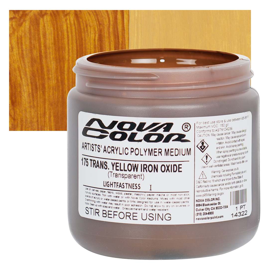 Open in modal - Nova Color Artists’ Acrylic Polymer Paint - Transparent Yellow Iron Oxide, 473 ml Jar and swatch