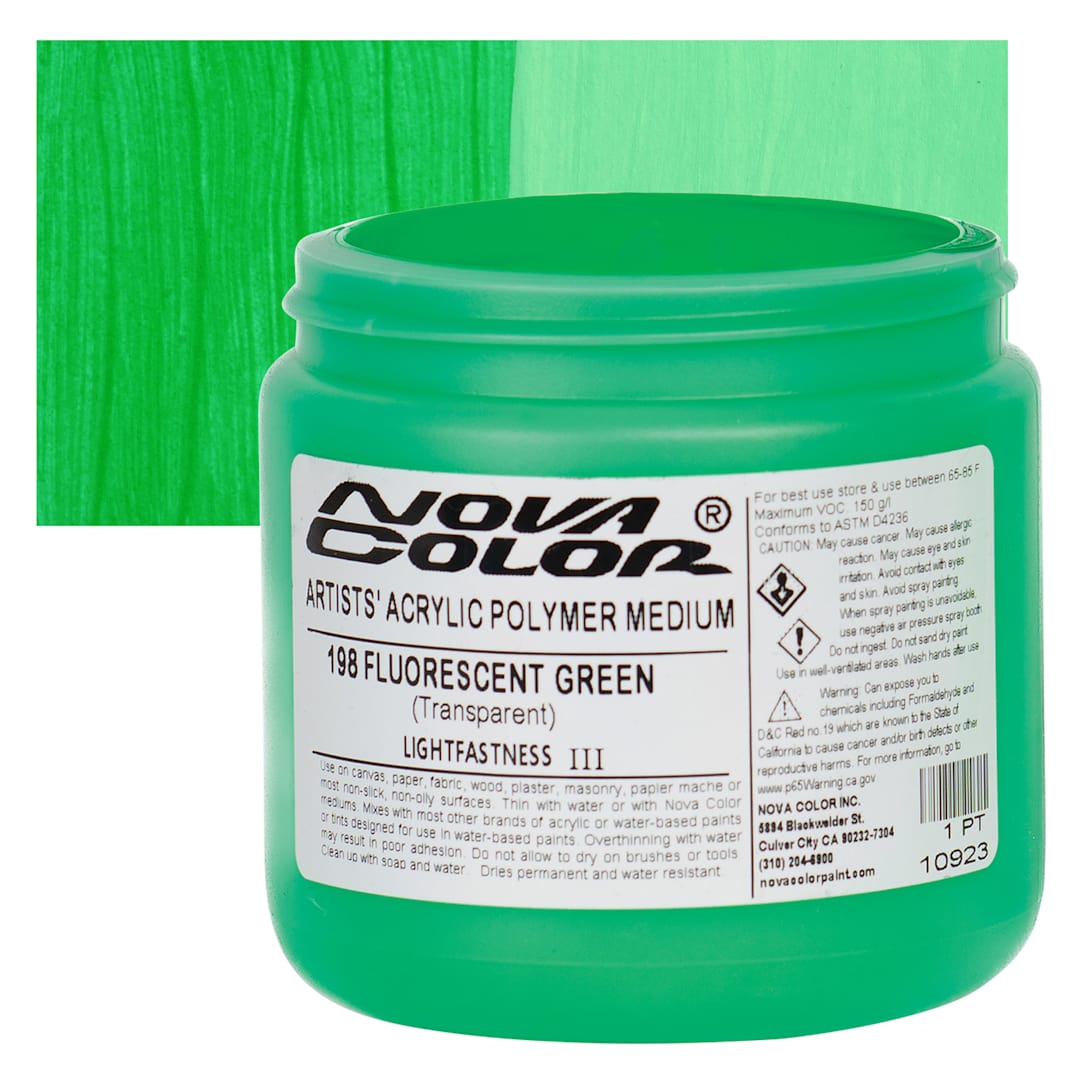 Open in modal - Nova Color Artists’ Acrylic Polymer Paint - Fluorescent Green, 473 ml Jar and swatch