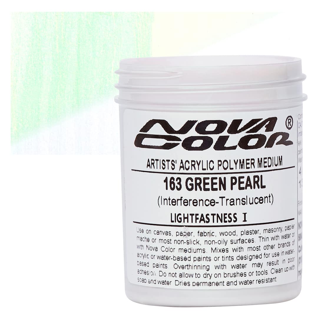 Open in modal - Nova Color Artists’ Acrylic Polymer Paint -  Green Pearl, 118 ml Jar and swatch