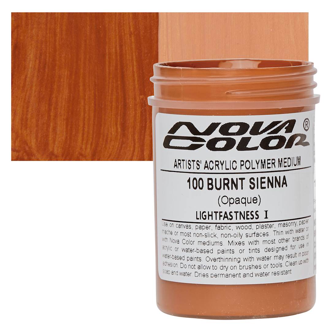 Open in modal - Nova Color Artists’ Acrylic Polymer Paint - Burnt Sienna, 473 ml Jar and swatch