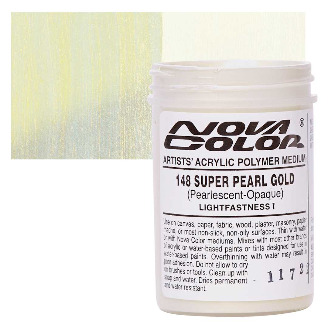 Open in modal - Nova Color Artists’ Acrylic Polymer Paint - Super Pearl Gold, 118 ml Jar and swatch