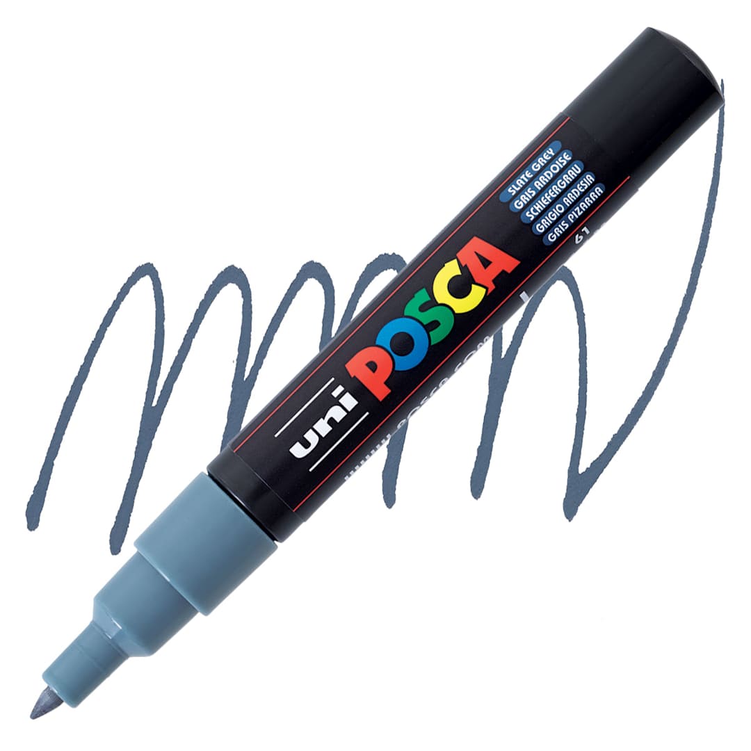 Open in modal - Uni Posca Paint Marker - Slate Grey, X-Fine, Bullet Tip, 0.7mm marker and swatch