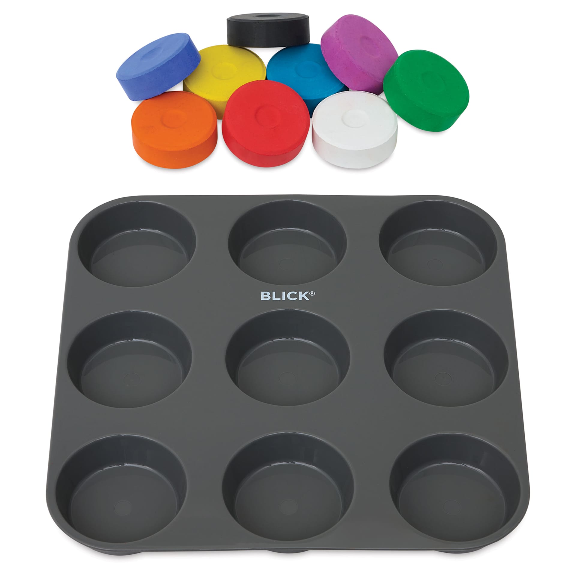 Blick Essentials Tempera Cakes - Set of 9 with Tray, Large, Assorted Colors, cakes next to tray