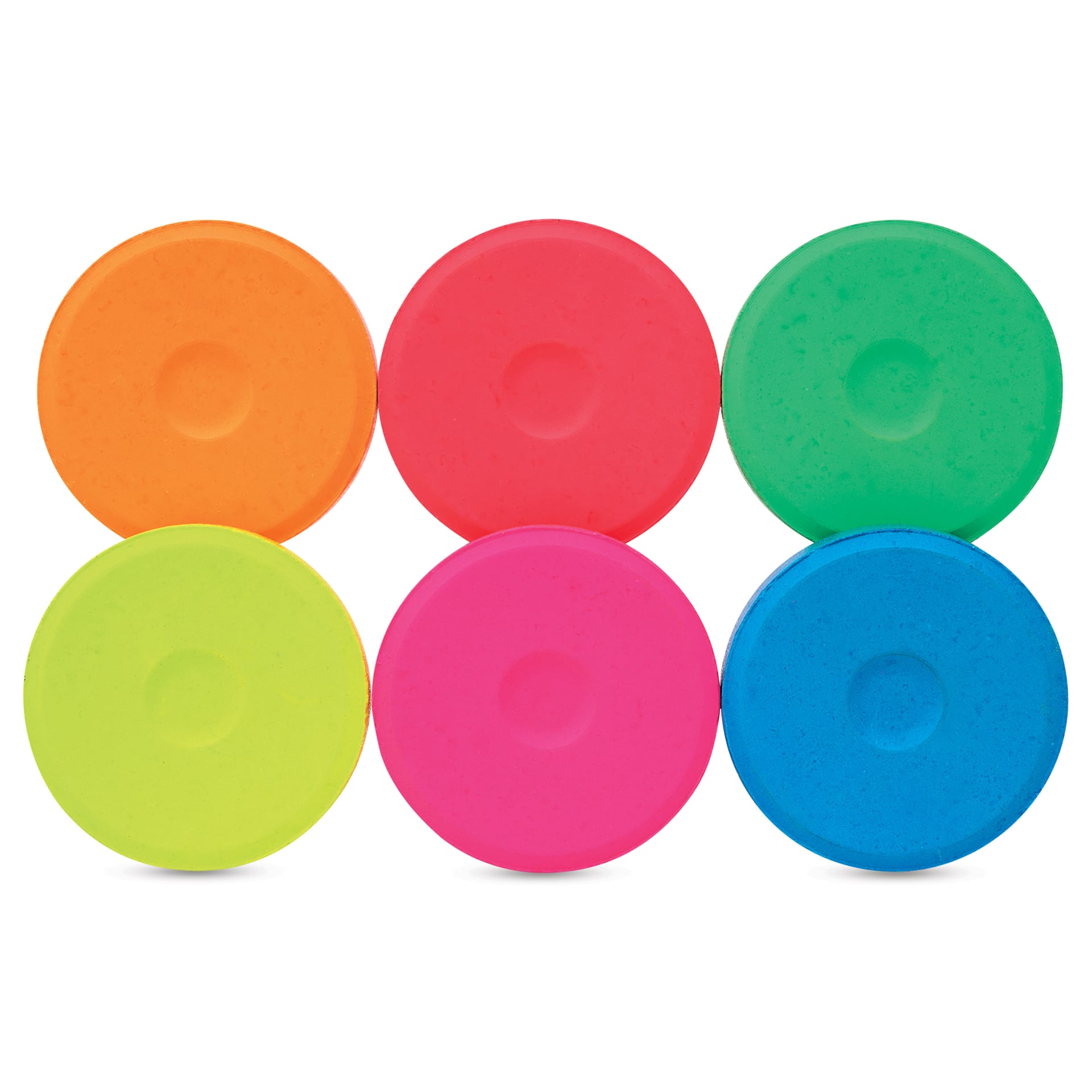 Blick Essentials Tempera Cakes - Set of 6 with Tray, Small, Fluorescent Colors, cakes out of packaging side by side