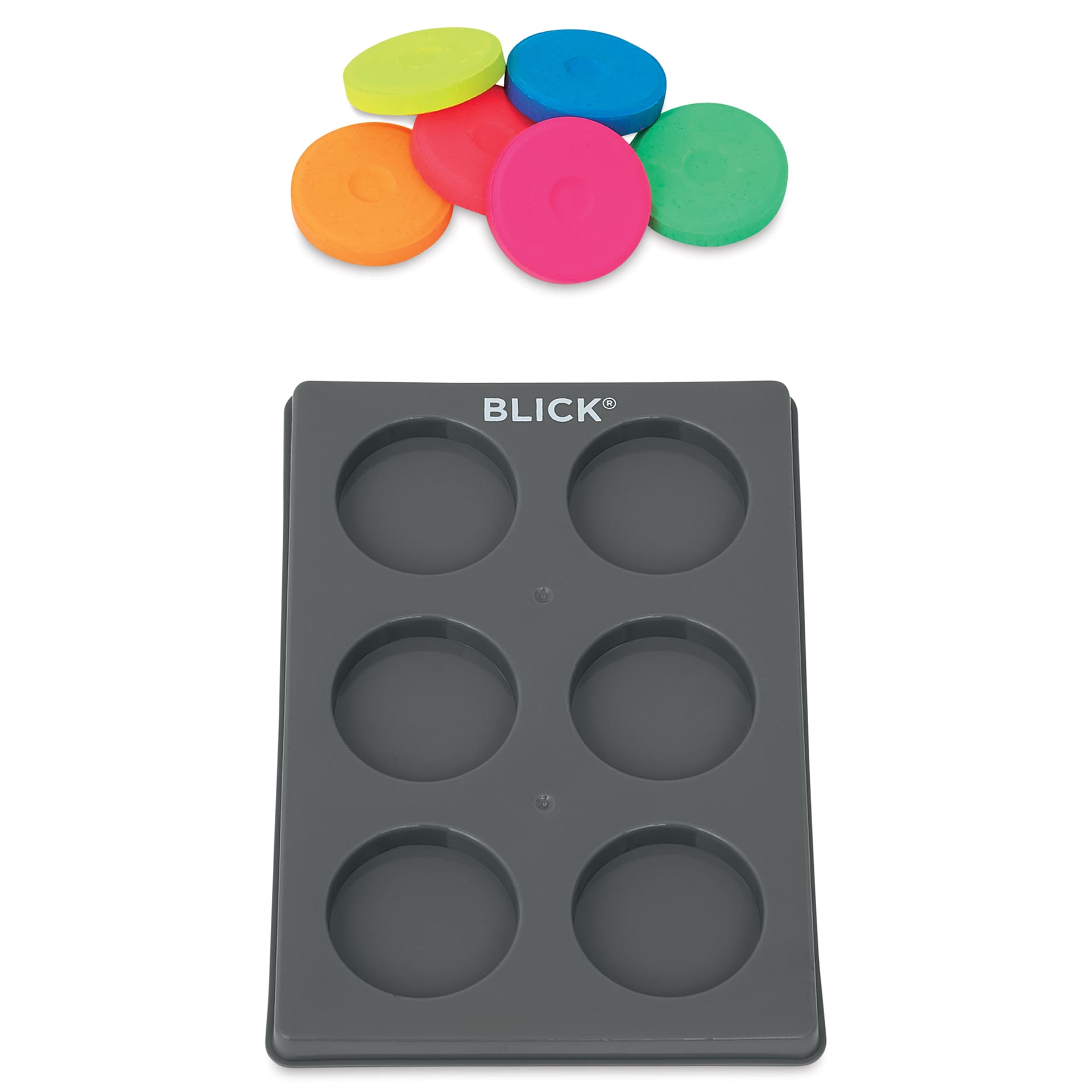 Blick Essentials Tempera Cakes - Set of 6 with Tray, Small, Fluorescent Colors, cakes next to tray