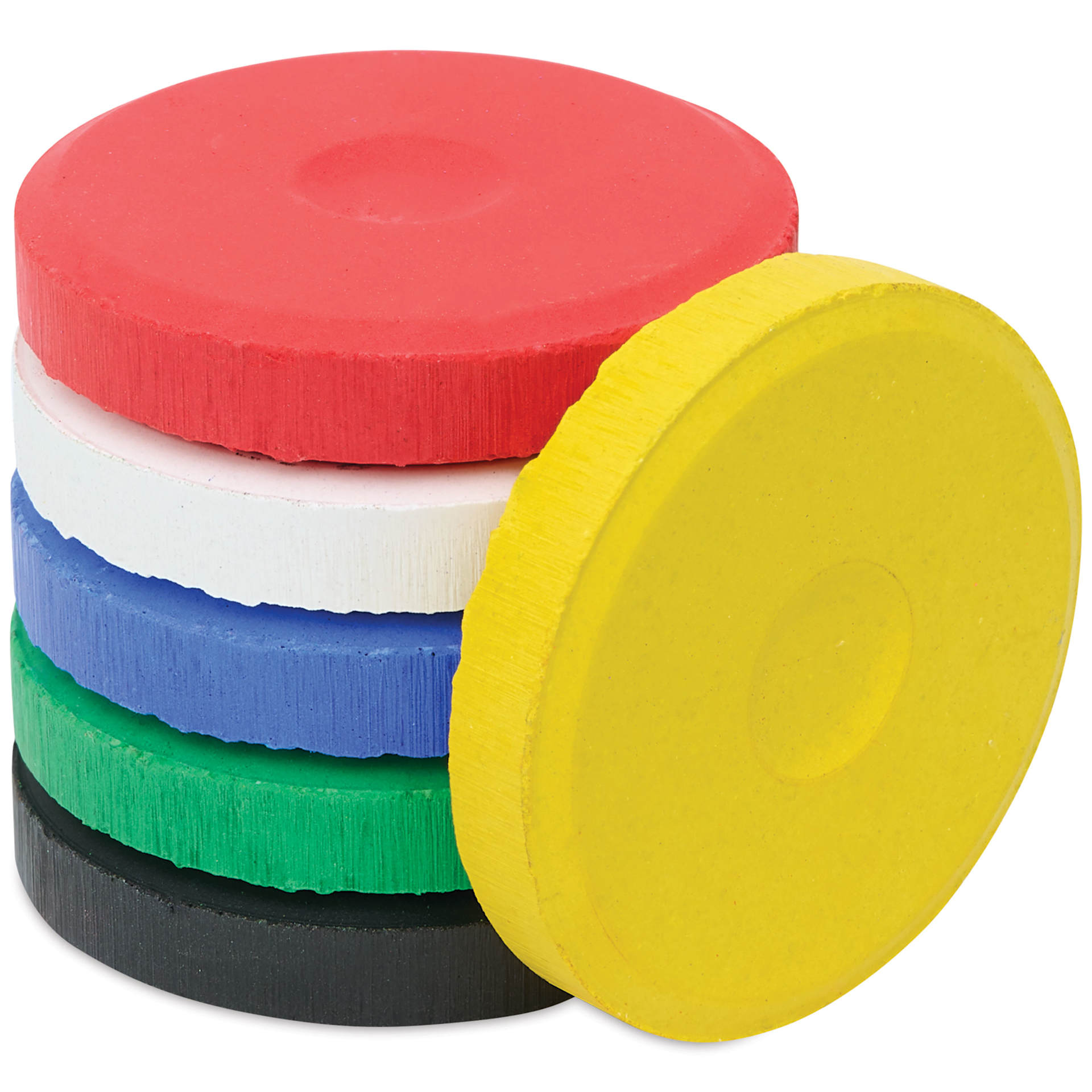 Blick Essentials Tempera Cakes - Set of 6 with Tray, Small, Primary Colors, stack of cakes with one on the side