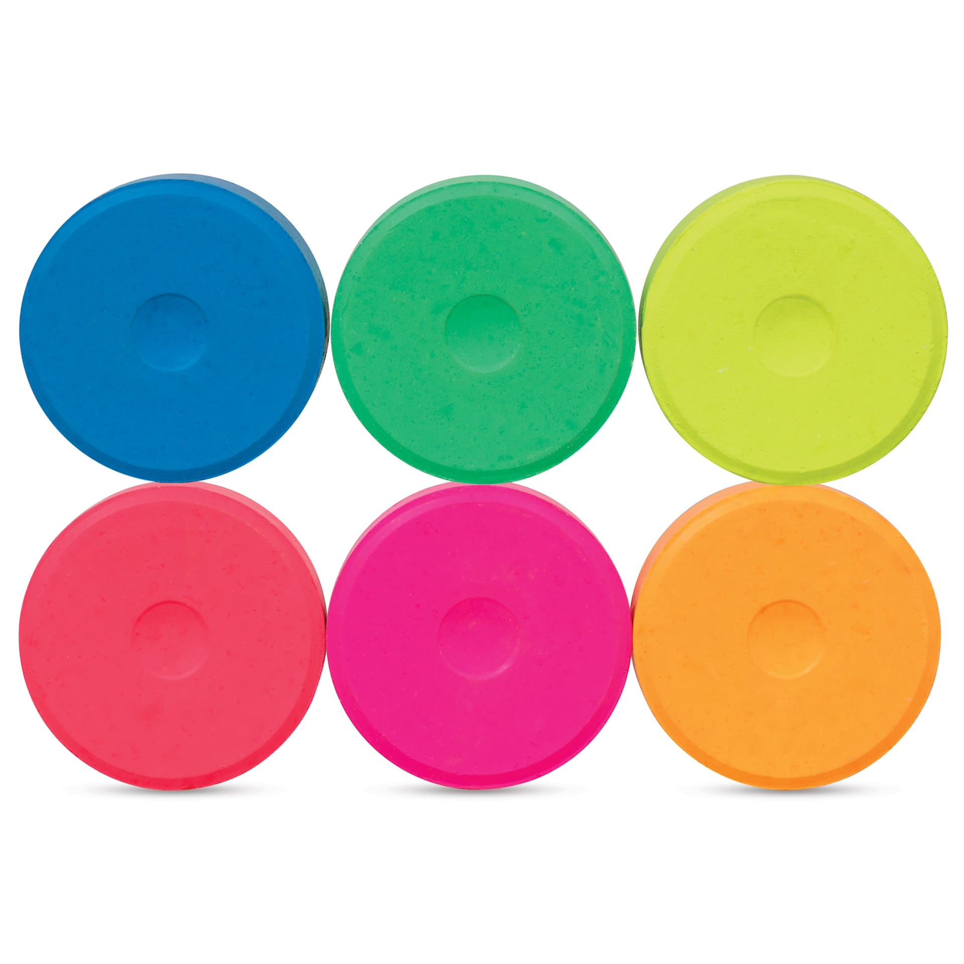 Blick Essentials Tempera Cakes - Set of 6, Medium, Fluorescent Colors, out of packaging side by side