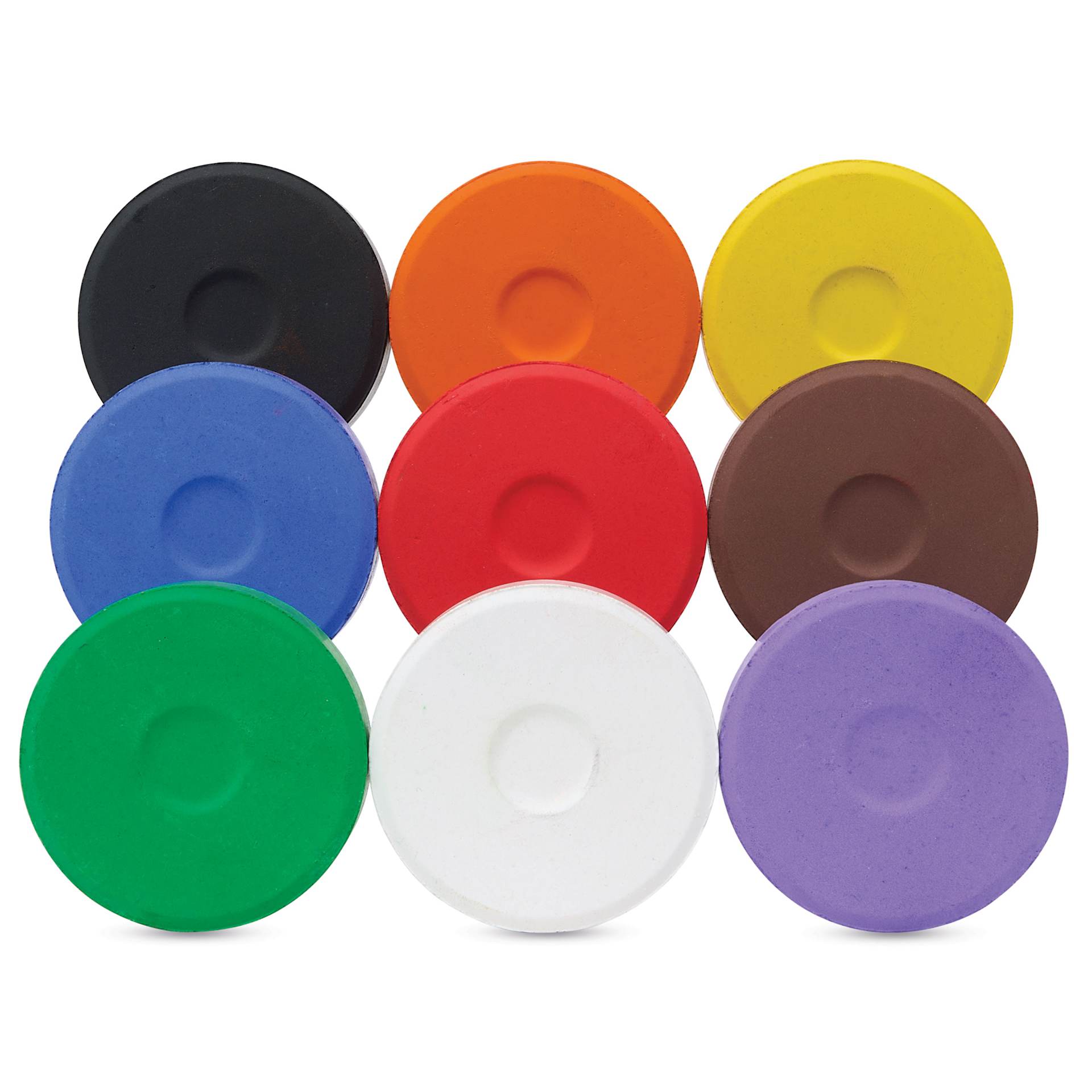 Blick Essentials Tempera Cakes - Set of 9 with Tray, Large, Classic Colors, out of packaging side by side