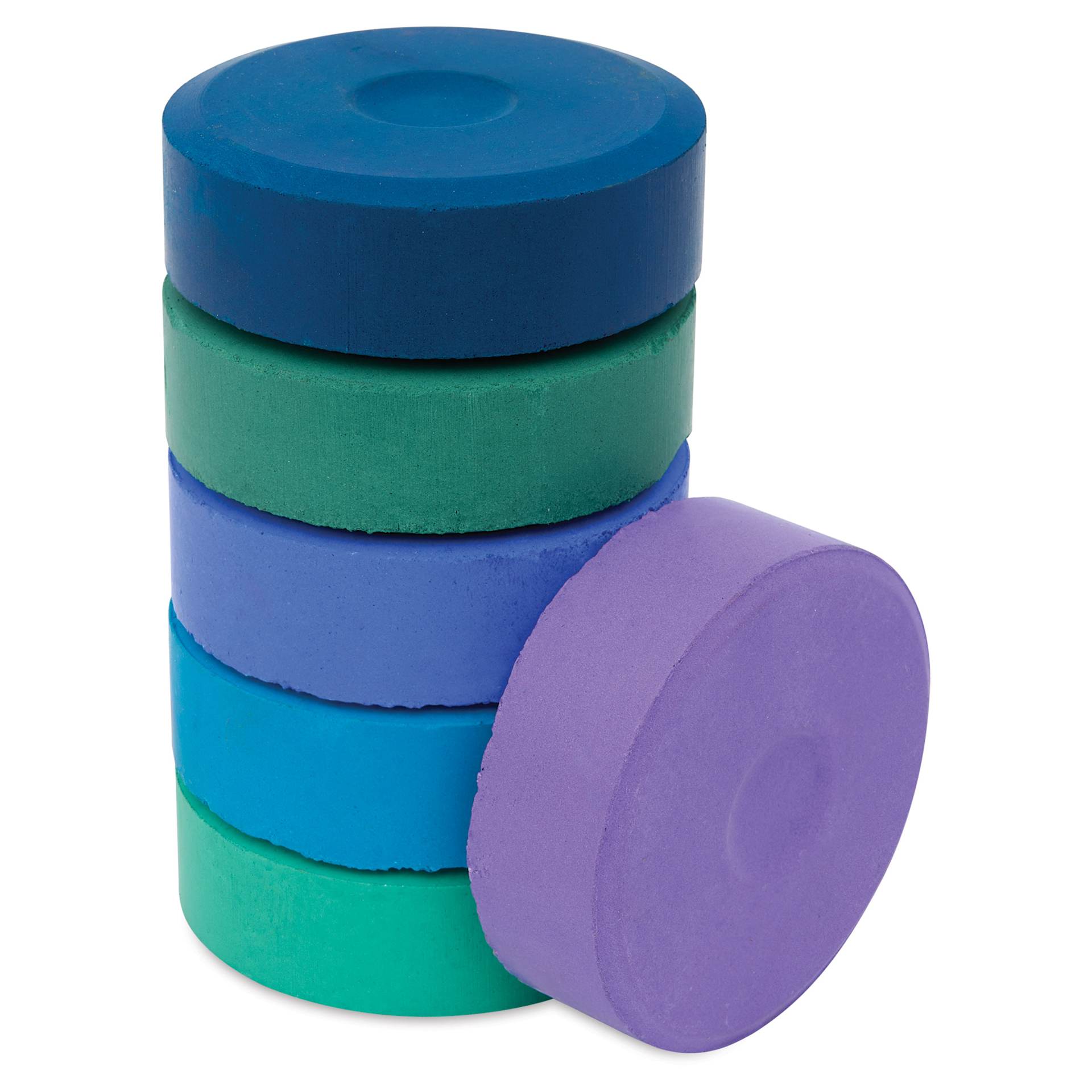 Blick Essentials Tempera Cakes - Set of 6 with Tray, Large, Cool Colors, stack of cakes with one on the side