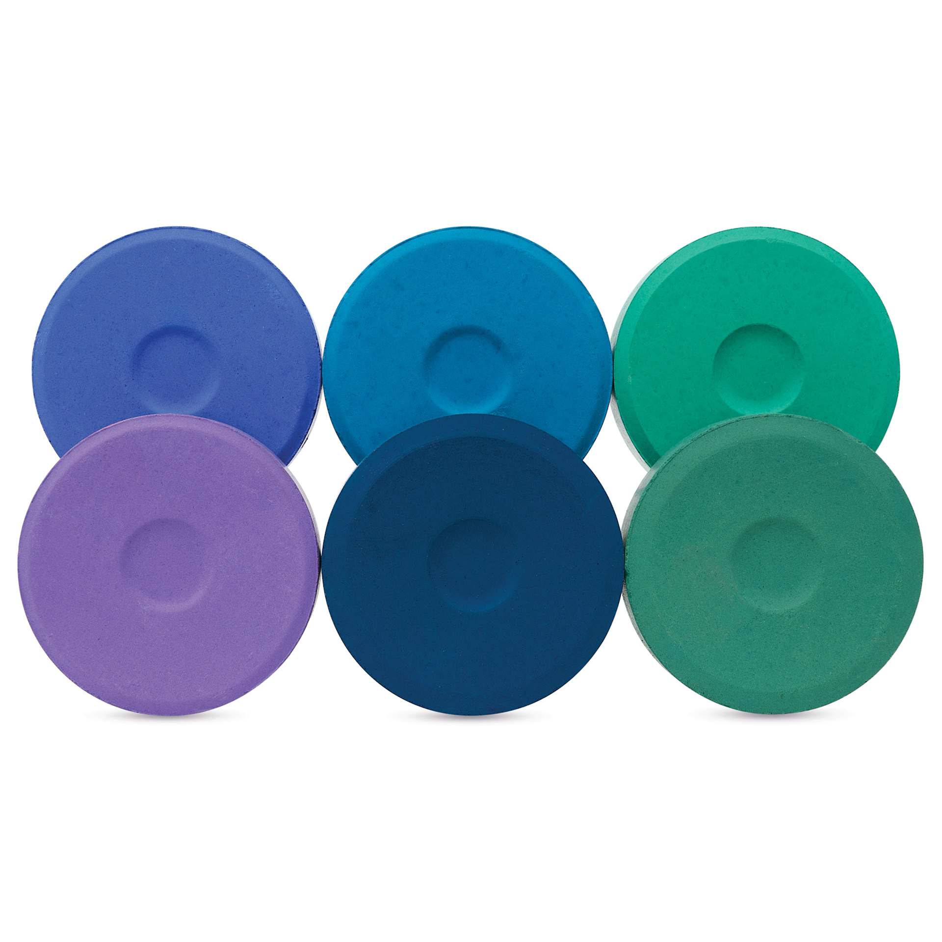 Blick Essentials Tempera Cakes - Set of 6 with Tray, Large, Cool Colors, out of packaging side by side