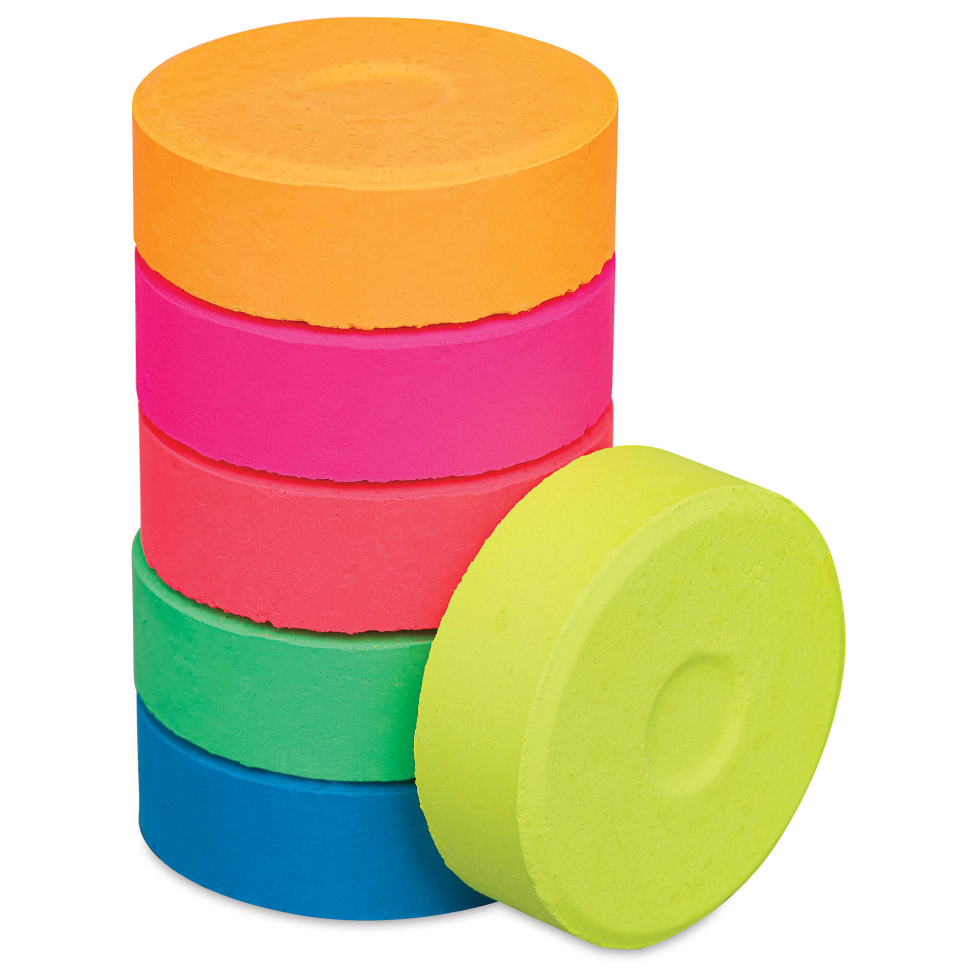 Blick Essentials Tempera Cakes - Set of 6, Large, Fluorescent Colors, stack of cakes with one on the side