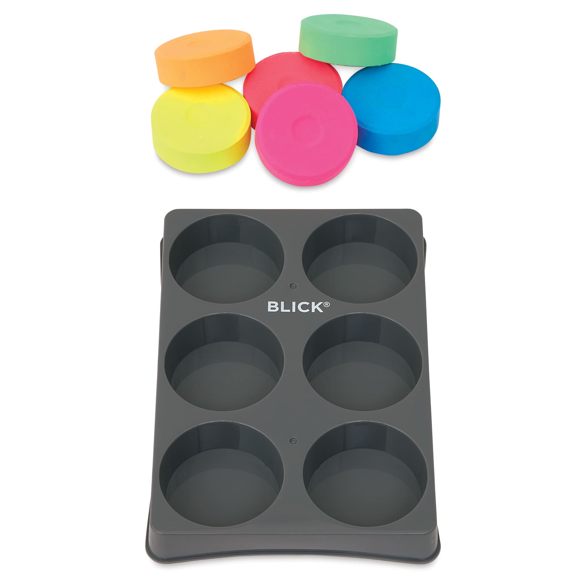 Blick Essentials Tempera Cakes - Set of 6 with Tray, Large, Fluorescent Colors, cakes out of tray