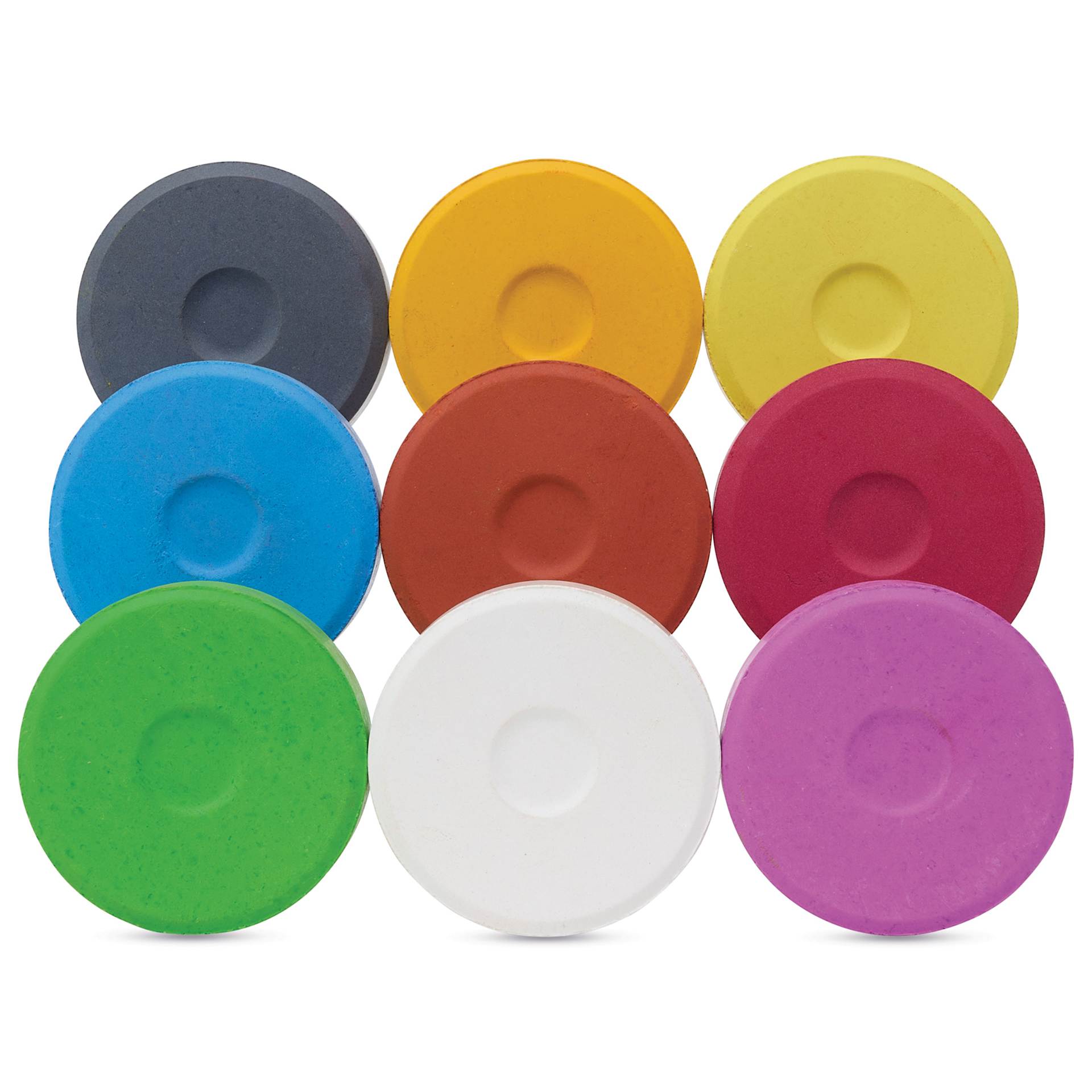 Blick Essentials Tempera Cakes - Set of 9 with Tray, Large, Secondary Colors, out of packaging side by side