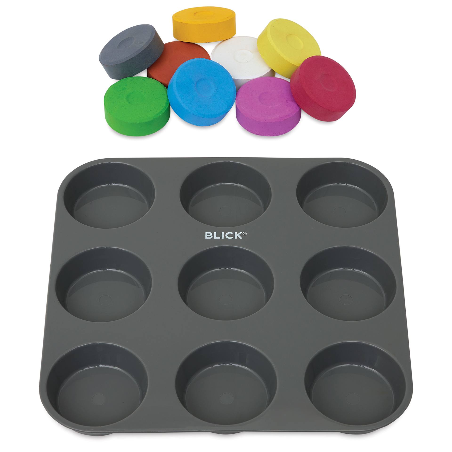Blick Essentials Tempera Cakes - Set of 9 with Tray, Large, Secondary Colors, cakes out of tray