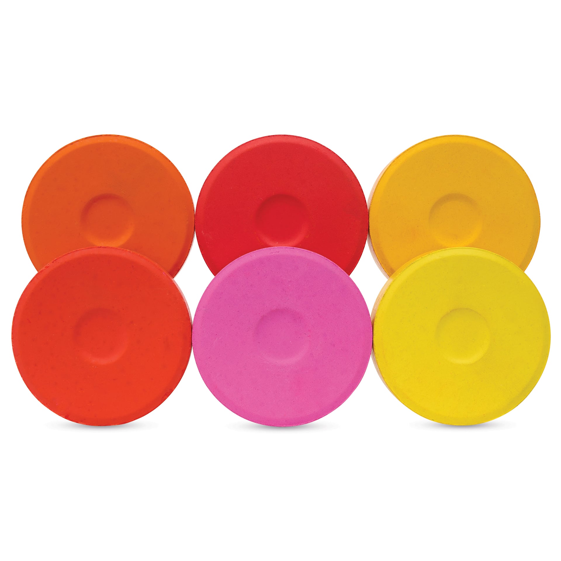Blick Essentials Tempera Cakes - Set of 6 with Tray, Large, Warm Colors, out of packaging side by side