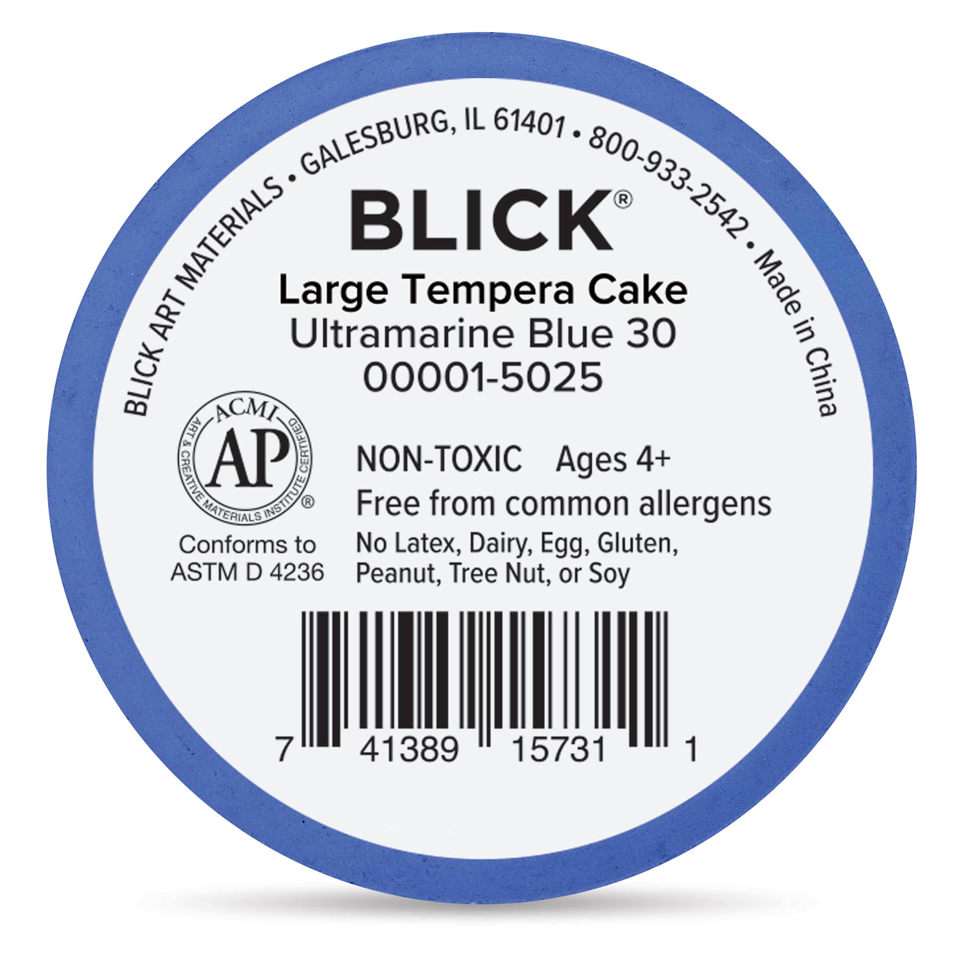Back of the Large Ultramarine Blue Blick Essentials Tempera Cake.