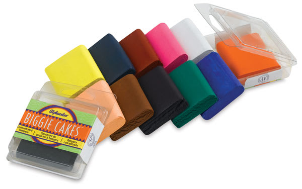 Alphacolor Biggies Tempera Cakes - Closeup of Set of 12, 10 colors stacked