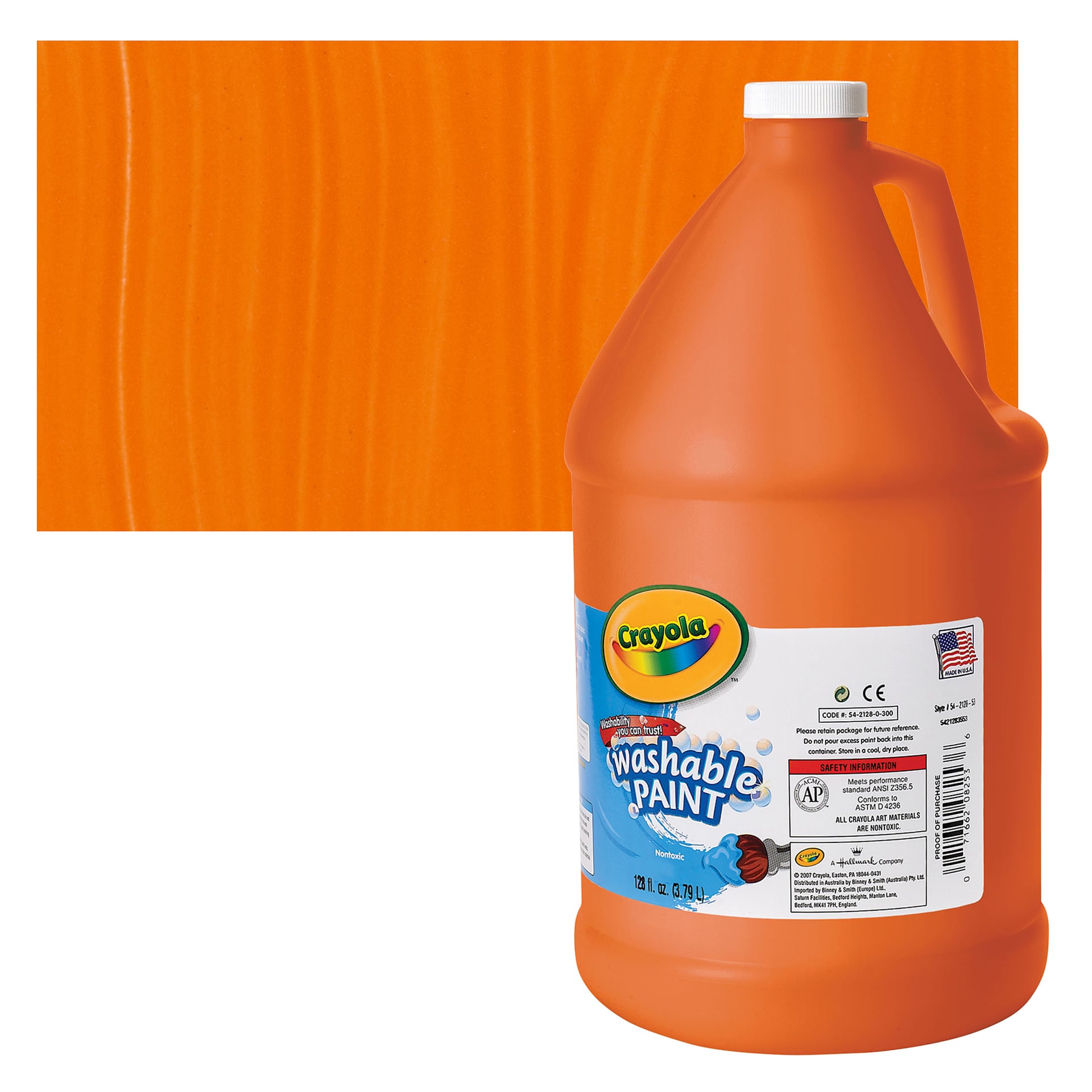Crayola Washable Paint - Orange, Gallon bottle and swatch