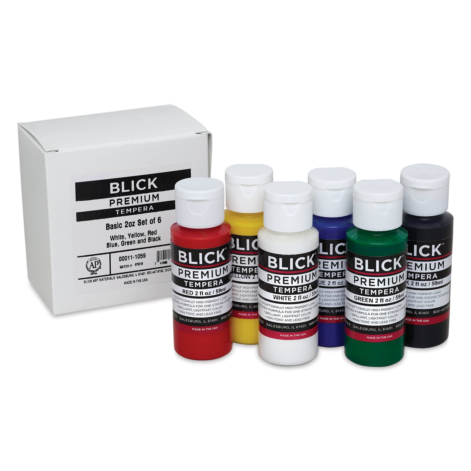 Blick Premium Grade Tempera - Set of 6, Basic Colors, 2 oz in front of packaging