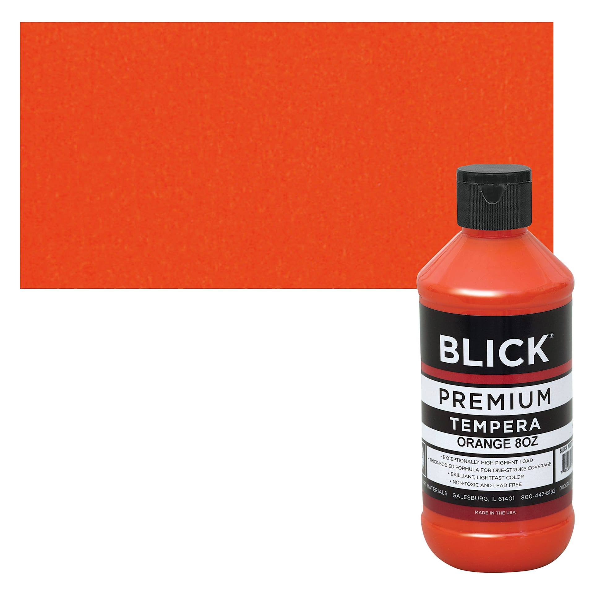Blick Premium Grade Tempera - Orange, 8 oz bottle and swatch