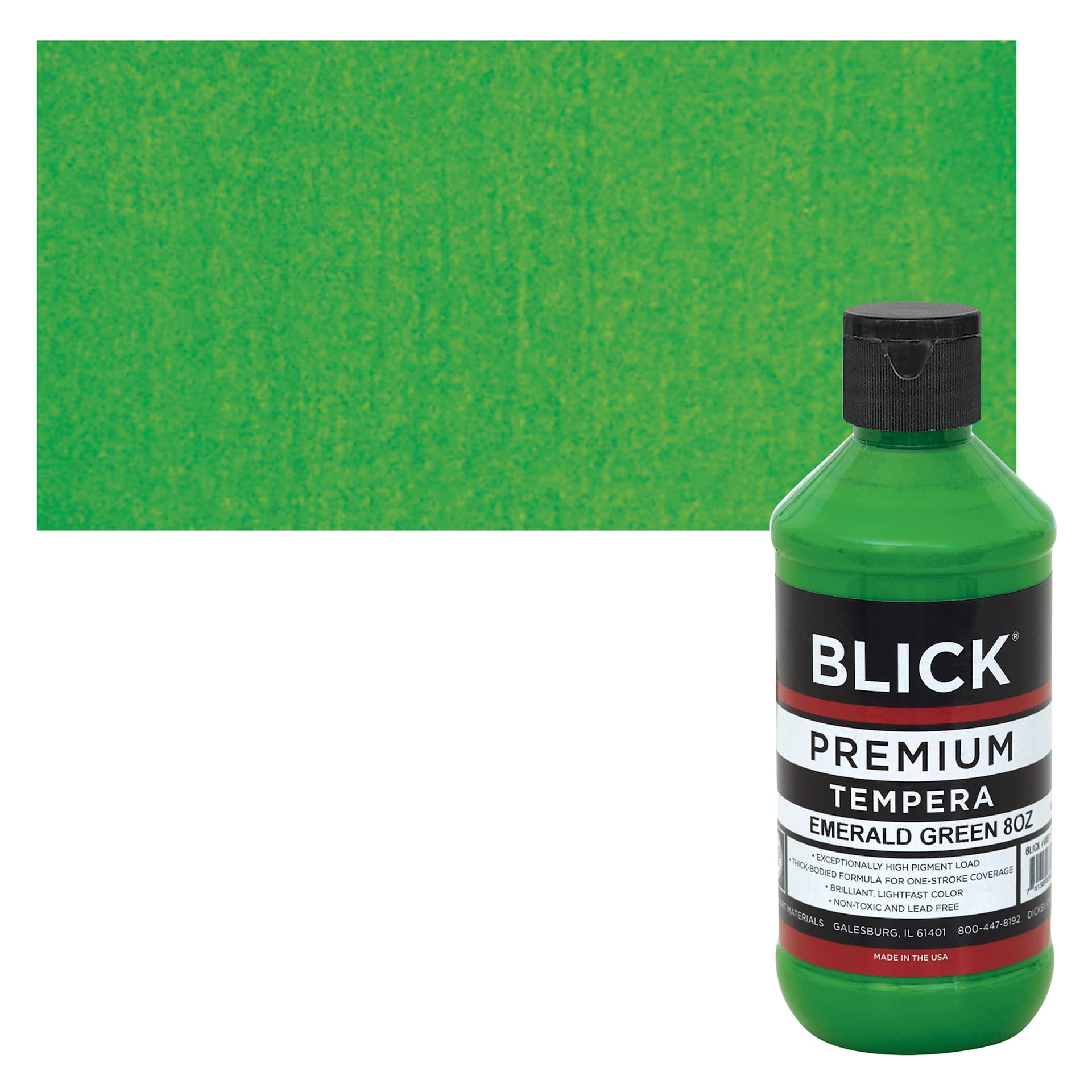 Blick Premium Grade Tempera - Emerald Green, 8 oz bottle and swatch
