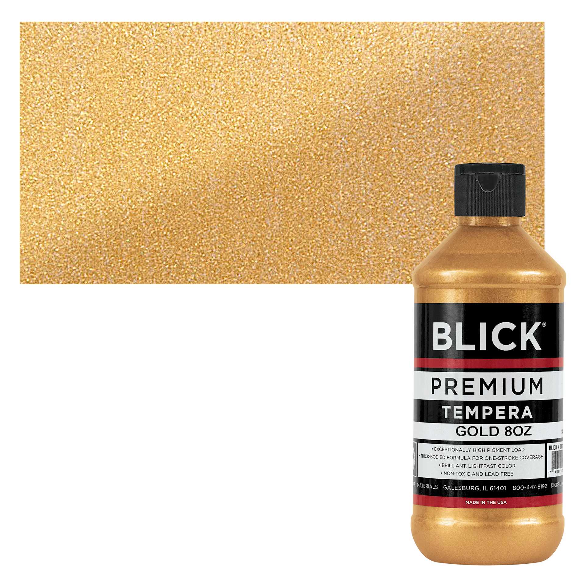 Blick Premium Grade Tempera - Gold, 8 oz bottle and swatch